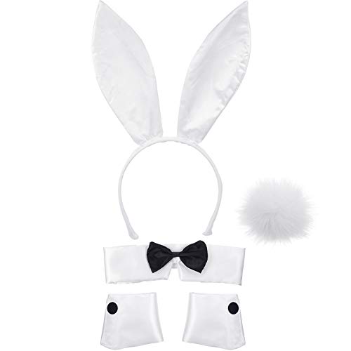 SATINIOR Women's Bunny Costume Set Rabbit Ear Headband Collar Bow Tie Costume Cuffs Rabbit Tail for Easter Party(White)