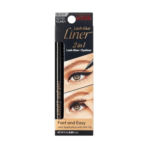 KISS Lash GLUEliner, 2-in-1 Felt-Tip Eyelash Adhesive and Eyeliner, Matte Finish, Foolproof Application, Easy Touch-Up, 0.03 Fl Oz.- Black, Packaging May Vary