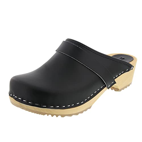 Bjork Maja Wood Open Back Leather Clogs (EU-39, Black)