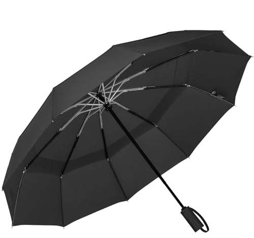LANBRELLA Umbrella Travel Umbrella, Compact Folding Vented Double Canopy Umbrella Auto Open Close 10 rib - E2.1 Black