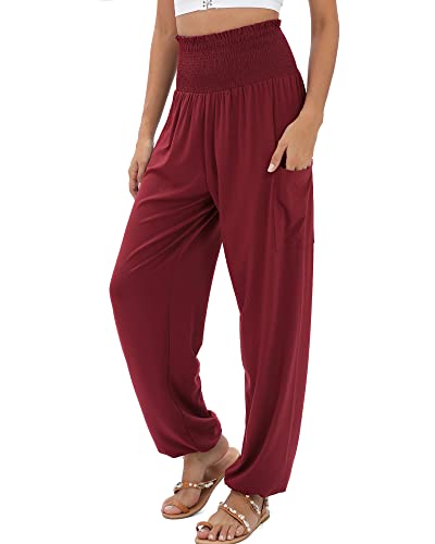 QIANXIZHAN Women's Harem Pants, High Waist Yoga Boho Trousers with Pockets Wine Red L