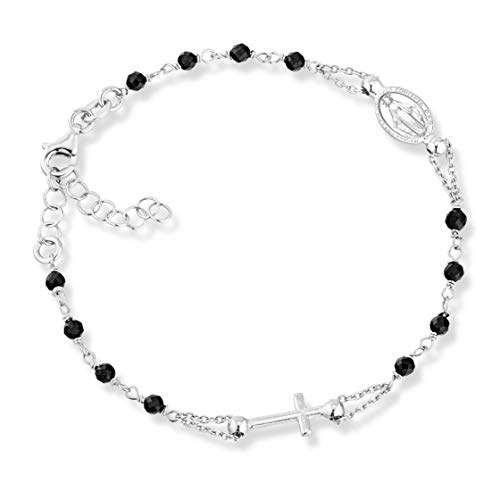 Miabella 925 Sterling Silver Italian Natural Black Spinel Rosary Cross Charm Bead Bracelet for Women Teen Girls, Adjustable Link Chain, Handmade in Italy (Length 7 to 8 Inch)