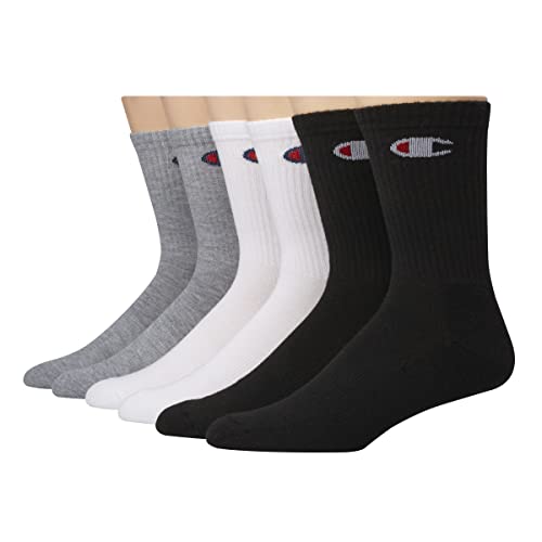 Champion Men's Double Dry Moisture Wicking Crew Socks 6, 8, 12 Packs Availabe, White/Grey/Black-6 Pack, 6-12