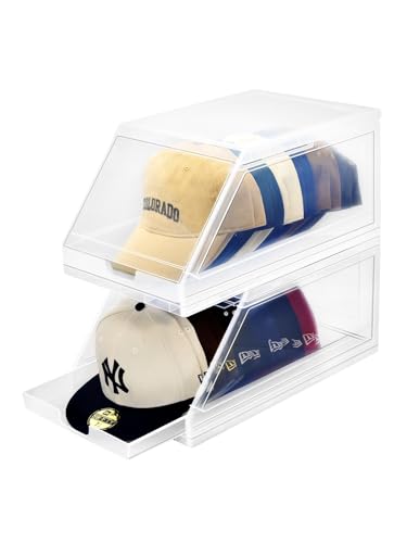 SCAVATA 2 Pack Hat Organizer, Stackable Clear Baseball Caps Holder Box Containers With Sliding Tray for Hats Snapback Cap Storage, Hat Rack Display Case (Clear)