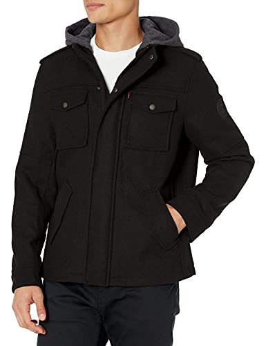 Levi's Men's Wool Blend Military Jacket with Hood, black, Medium