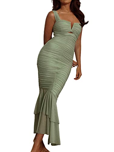 CHARTOU Women's Sleeveless Strappy Prom Party Evening Ruched Bodycon Mermaid Fishtail Maxi Dress (Small, Sage Green)