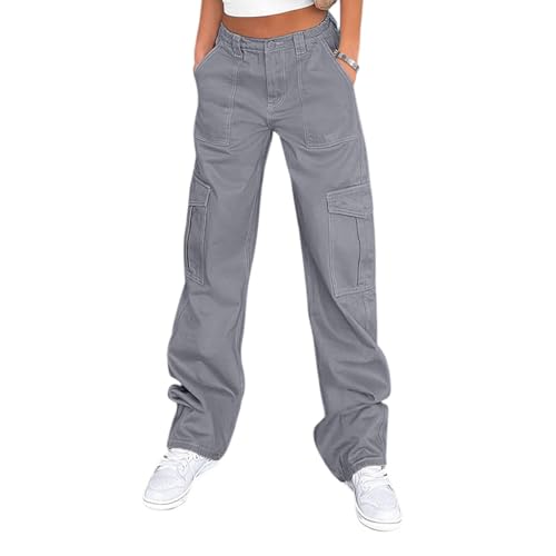 Lepunuo Cargo Pants for Women High Waisted Casual Pants Baggy Stretchy Wide Leg Y2K Streetwear with 6 Pockets Blue Grey