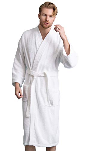 Soft Touch Linen Men's Robe, Turkish Terry Bathrobe, Turkish Terry Kimono Spa Bathrobe (XX-Large, White)
