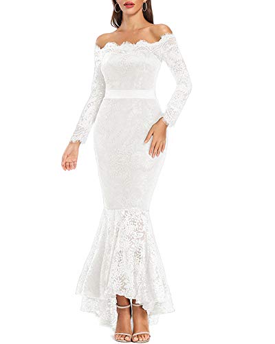 LALAGEN Women's Floral Lace Long Sleeve Off Shoulder Wedding Mermaid Dress White L