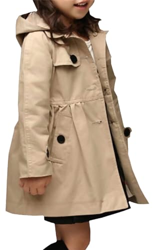 Betusline Little Girls Khaki Hooded Trench Coat Button Up Jacket Hoodie, Khaki, 6-7 Years = Tag 130