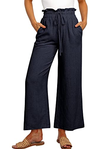 ANRABESS Women's Linen Pants Casual Loose High Waist Drawstring Wide Leg Capri Palazzo Lounge Pants Cropped Trousers Summer Boho Outfits 939zangqing-M Navy Blue