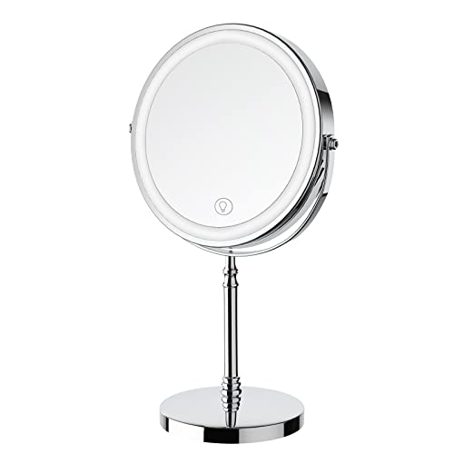 Lighted Makeup Mirror, 8' Rechargeable Double Sided Magnifying Mirror with 3 Colors, 1x/10x 360° Rotation Touch Screen Vanity Mirror, Brightness Adjustable Magnification Cosmetic Light up Mirror