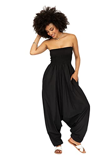 likemary Jumpsuits for Women - Convertible Rompers into Harem Pants - One Size Cotton Jumpers - Maxi Length Outfit & Pockets - Comfortable Strapless Black Jumpsuit for Women