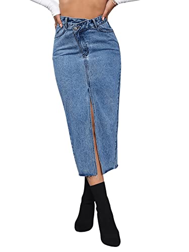 SweatyRocks Women's Casual High Waist Denim Skirt Split Hem Raw Trim Midi Jean Skirts Medium Wash M