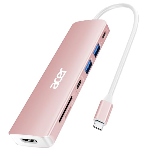 Acer USB Hub, 7 in 1 USB C to HDMI Multi-Port Adapter, 2 USB 3.1 GEN1 and 5Gbps Type-C Data Port, 4K HDMI Port, PD 100W Charging, SD Card Reader, for iPad Pro MacBook Pro Acer Laptops and More (Pink)