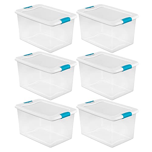 Sterilite 64 Qt Latching Storage Box, Stackable Bin with Latch Lid, Plastic Container to Organize Clothes in Closet, Clear with White Lid, 6-Pack