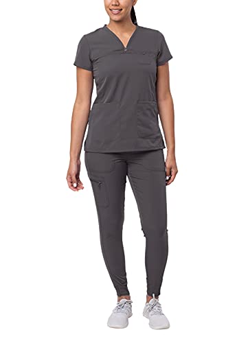 Adar Uniforms, Pro Movement Booster Scrub Set for Women - Sweetheart V-Neck Scrub Top & Yoga Jogger Scrub Pants - P9400 - Pewter - M