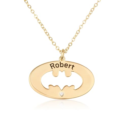 Personalized Batman Name Necklace - Custom Nameplate Necklace - 14K Gold Plated Pendant Necklace for Men & Teens - 1 Brilliant Diamond (0.02 CT) - Customized Jewelry - Gift for Birthday Christmas (Silver / White Diamond)