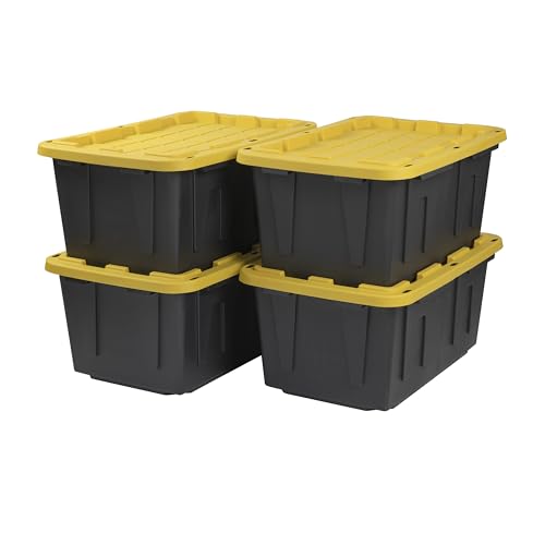 CX BLACK & YELLOW, 27-Gallon Heavy Duty Tough Storage Container & Snap-Tight Lid, (14.3”H x 20.6”W x 30.6”D), Weather-Resistant Design and Stackable Organization Tote [4 Pack]