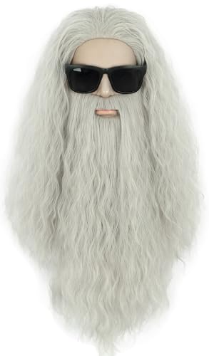 VGbeaty Mens Long Curly Gray Wig and Beard Halloween Cosplay Costume Anime Wig