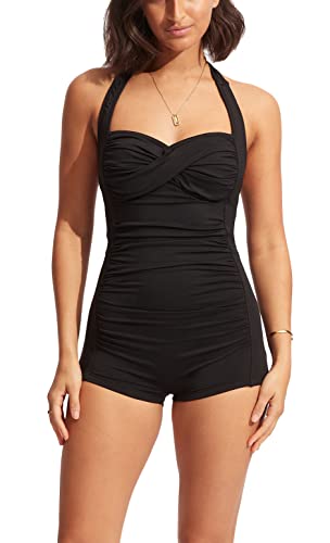 Seafolly Women's Standard Twist Front Soft Cup Boyleg One Piece Swimsuit, Eco Collective Black, 6