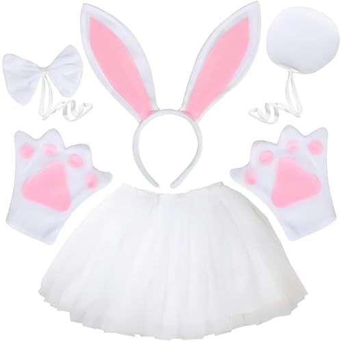AMOR PRESENT Easter Bunny Costume, 5PCS Bunny Set Headband Tail Ears Bow Ties, Rabbit Costume for Party