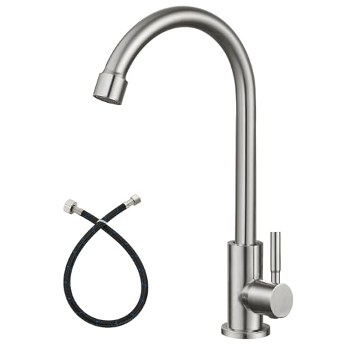 Heyalan Brushed Nickel Kitchen Faucet Cold Water Only 1 Hole Single Handle 360 Degree Swivel Spout Deck Mount High Arc SUS304 Sink Bar Tap Goose Neck with Hose and Longer Thread Pipe