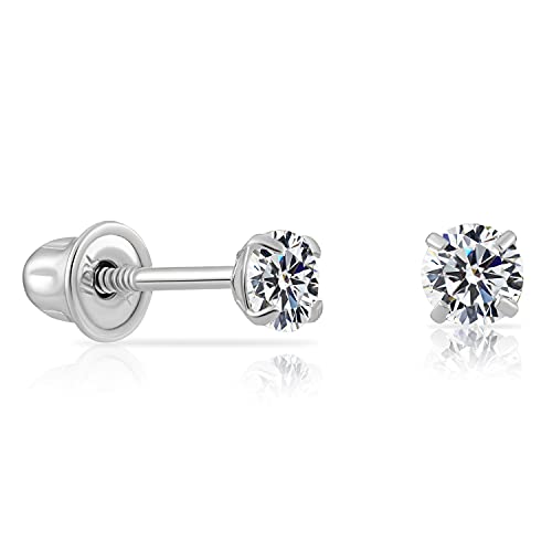 14k White Gold Solitaire Round Cubic Zirconia CZ Stud Earrings in Secure Screw-backs (2.5mm)…