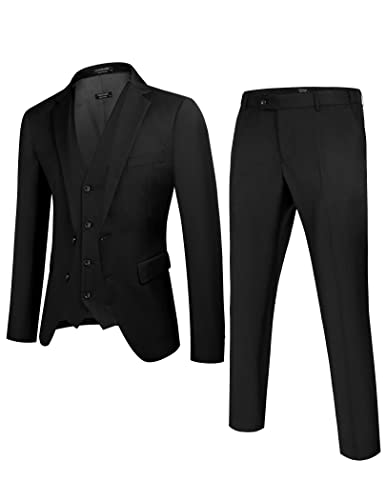 COOFANDY Mens Black Suits 3 Piece Elegant Solid Suit Sets Two Button Suit Jacket Vest Pants Set, Black, L