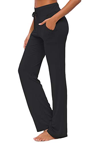 ADANIKI Womens Yoga Pants with Pockets Straight-Leg Loose Comfy Modal Drawstring Lounge Running Long Active Casual Sweatpants (Black, M)