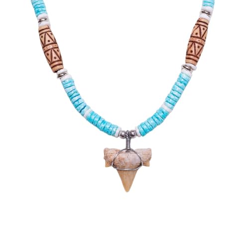 BlueRica Fossil Shark Tooth on Tiger Brown Coconut & Blue Puka Shell Beads Necklace (18' 1S)