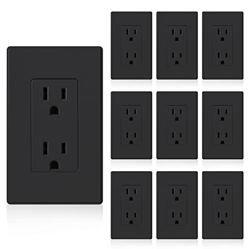 ELEGRP Matte Black Standard Decorator Electrical Wall Receptacle Outlet, 15A 125V, 2 Pole 3 Wire, Non- Tamper Resistant, NEMA 5-15R, Self-Grounding, Wall Plate Included, UL Listed, 10 Pack