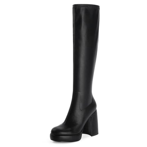 Modatope Knee High Platform Boots for Women Chunky Heel Black Platform Knee High Boots Womens Rounded Toe Side Zipper Tall Boots for Women Size 8