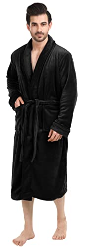 NY Threads Luxurious Mens Shawl Collar Fleece Bathrobe, Spa Robe, Large-X-Large, Black
