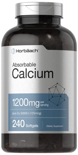 Calcium 1200 mg with Vitamin D3 | 240 Softgels 5000 IU Absorbable Supplement Non-GMO, Gluten Free by Horbaach