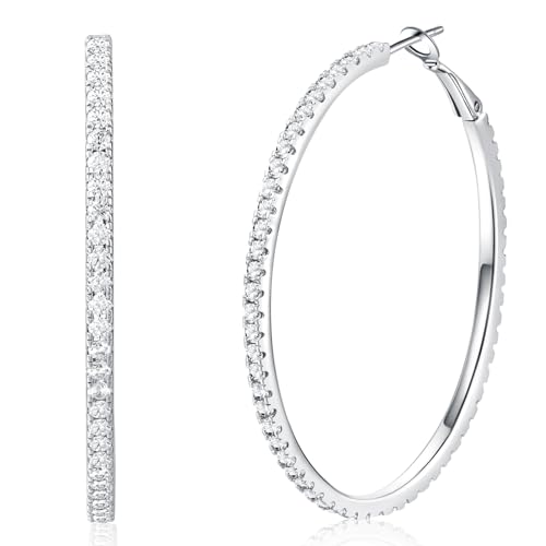 50MM Lab Created Diamond Hoop Earrings Moissanite Earrings for Women Large Big Oval 18K White Gold Plated Hoop Earrings Dainty Thin Huggie Diamond Earrings Sterling Silver Hypoallergenic Simulated Diamond Jewelry D Color VVS1 Clarity 3.42Carats