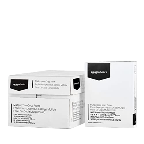 Amazon Basics Multipurpose Copy Printer Paper, 8.5' x 11', 20 lb, 10 Reams, 5000 Sheets, 92 Bright, White
