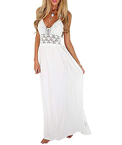 LILBETTER Women's Beach Crochet Backless Bohemian Halter Maxi Long Dress (White,Medium)