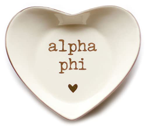 Sorority Shop Alpha Phi Jewelry Dish - Heart-Shaped High-gloss finish Ceramic tray with Gold Detailing, Multi-Function Ceramic Ring Dish for Home or Office, Ideal for Jewelry and Keys