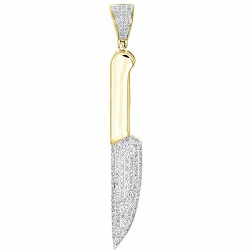 Round Cut White Diamond 925 Sterling Silver 14K Yellow Gold Finish Diamond Knife Blade Charm Men's Pendant