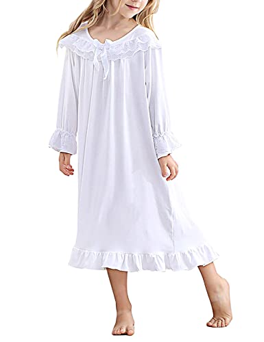 uideazone Girl Nightgown for 6-7 Years Long Sleeves Pajamas Dress White Sleepshirt Lace Nightdress Princess Night Gowns