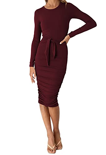 Cutiefox Womens Casual Bodycon Long Sleeve Dress Ruched Tie Waist Pencil Midi Dress Wine Red L