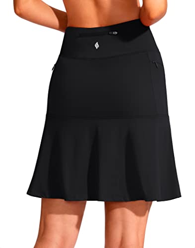 SANTINY High Waist Zipper Pocket Knee Length Athletic Skort for Women Golf Tennis Black L