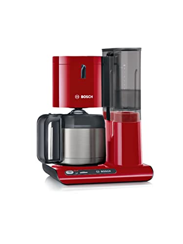 Bosch Styline TKA8A054 Filter Coffee Machine, Stainless Steel Thermal Jug, 1.1 L, for 8-12 Cups, Removable Water Tank, Drip Stop, Swivelling Filter Carrier, Cable Storage Compartment, 1100 W, Red