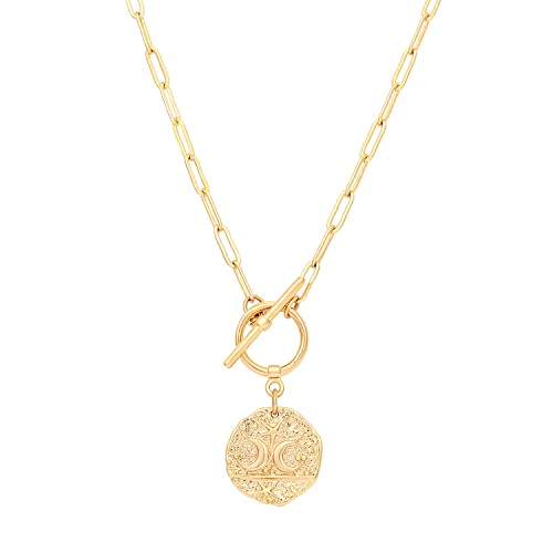 Aobei Pearl Moon and Star Medallion Pendant Necklace 18k Gold Oval Link Chain Choker Large Celestial Charm Layering Jewelry 20’’