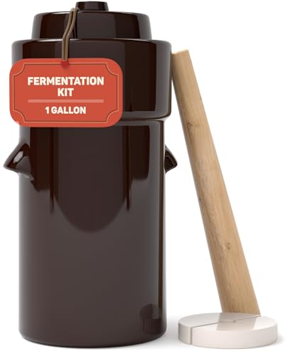 Fermentation Crock 1 Gallon - Sauerkraut Crock with Lid, Weights & Pounder - Ceramic Fermenting Crock Kit for Pickling Cabbage Kimchi Vegetables - 4 Liter Fermentation Jar - Stoneware Pickle Pot