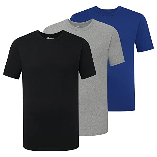 New Balance Men's Cotton Blend Performance Crew Neck T-Shirts (3 Pack), Black/Heather Grey/Team Royal, X-Large