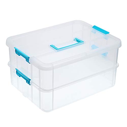 BTSKY 2 Layer Stack & Carry Box, Plastic Multipurpose Portable Storage Container Box Handled Organizer Storage Box for Organizing Stationery, Sewing, Art Craft, Jewelry and Beauty Supplies Blue