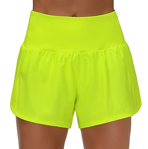 THE GYM PEOPLE Womens High Waisted Running Shorts Quick Dry Athletic Workout Shorts with Mesh Liner Zipper Pockets (Light Yellow, Medium)