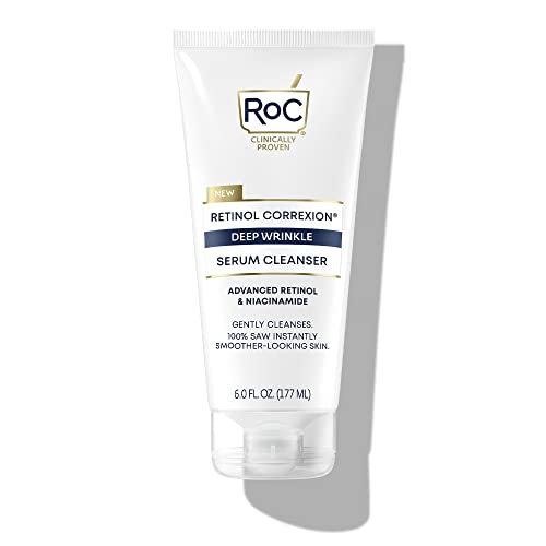 RoC Retinol Correxion Deep Wrinkle Serum Facial Cleanser with Niacinamide for Anti-Aging and Fine Lines, Long-Wear Makeup Remover, Fragrance Free Skin Care, Opthalmologist Tested, 6 Ounces